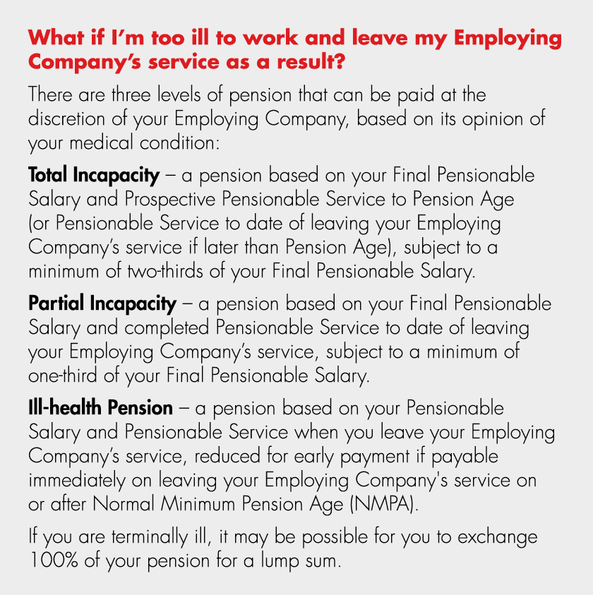 What if I’m too ill to work and leave my Employing Company’s service as a result? There are three levels of pension t...