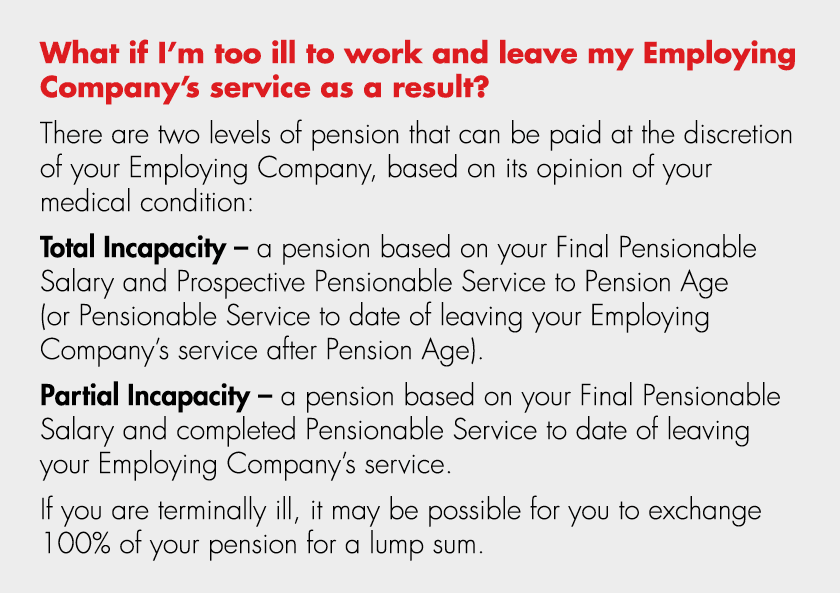 What if I’m too ill to work and leave my Employing Company’s service as a result? There are two levels of pension tha...