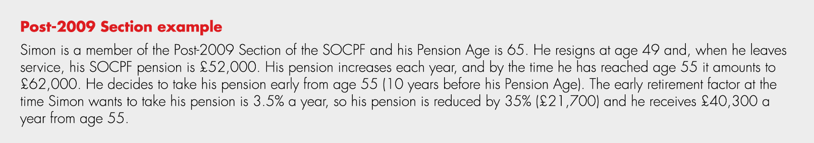 Post 2009 Section example Simon is a member of the Post 2009 Section of the SOCPF and his Pension Age is 65. He resig...