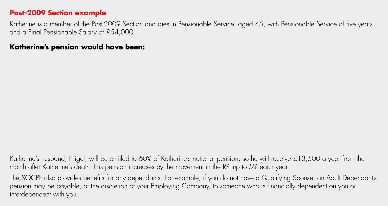 Post 2009 Section example Katherine is a member of the Post 2009 Section and dies in Pensionable Service, aged 45, wi...